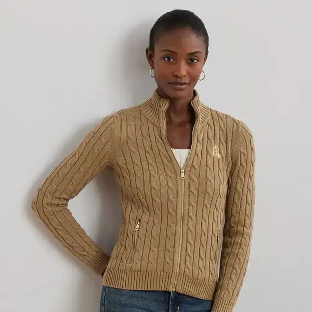 Ralph Lauren Cable-Knit Full-Zip Sweater Jacket Zip Up Brown RL Monogram Large